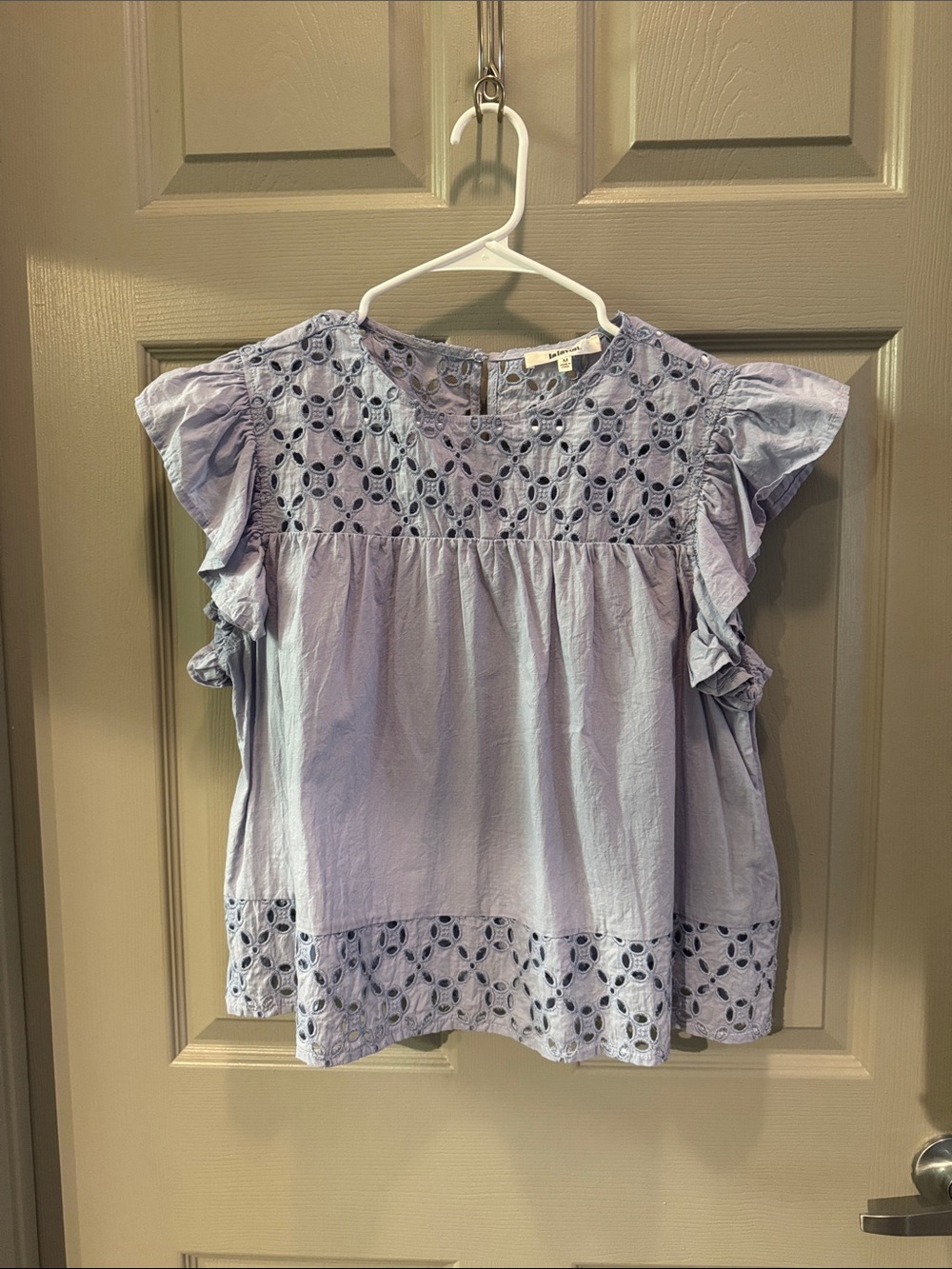 Lalavon Lavender Eyelet Flutter Sleeve Top